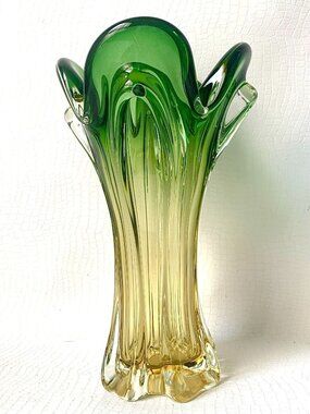MCM Lorraine Chalet Swung Glass Vase Green Yellow Retro